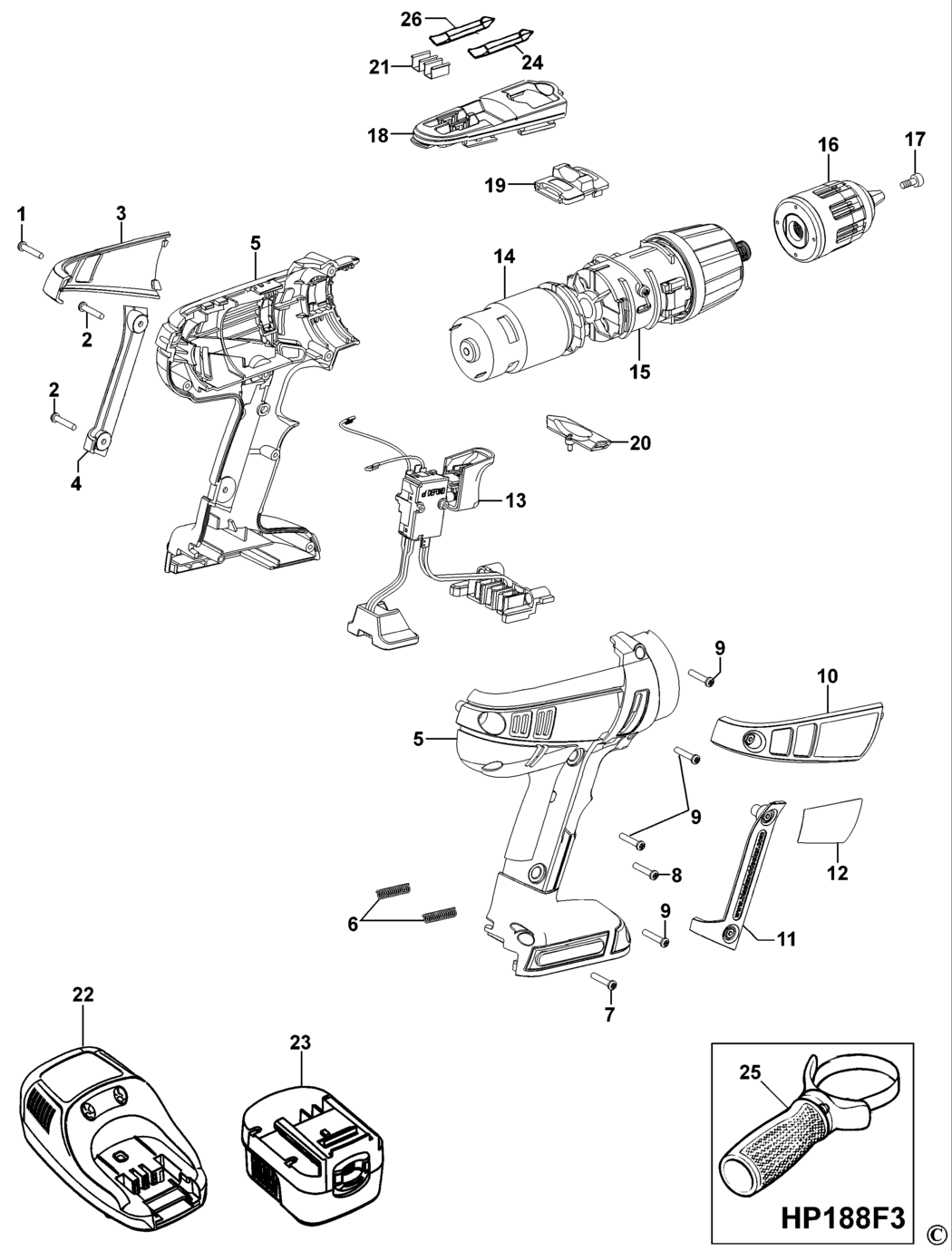 Black & Decker HP128F3 Type 1 Cordless Drill Spare Parts