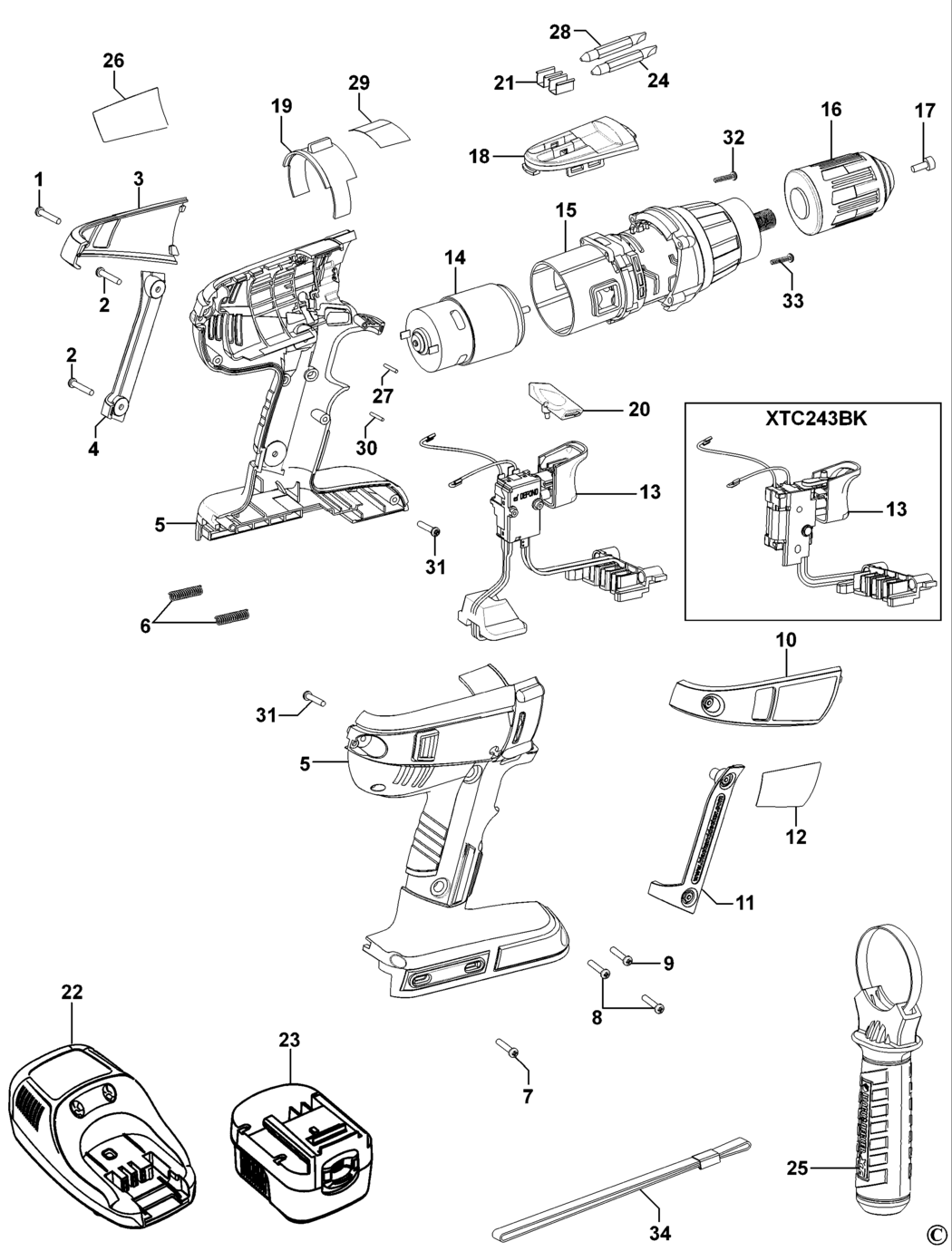 Black & Decker XTC243BK Type 1 Cordless Drill Spare Parts