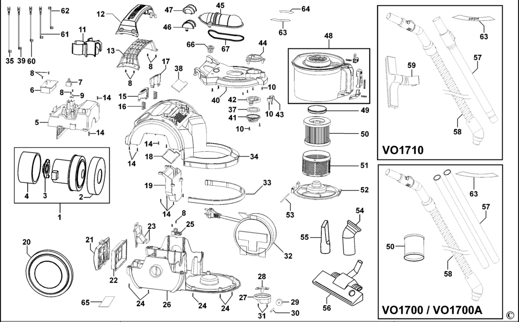 Black & Decker VO1700 Type 1 Vacuum Cleaner Spare Parts