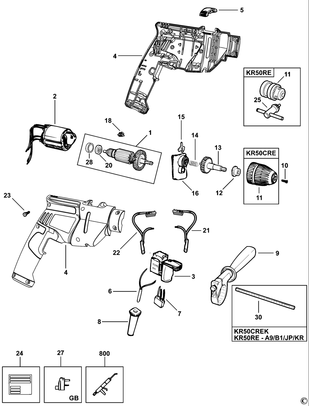 Black & Decker KR50CRE Type 1 Drill Spare Parts