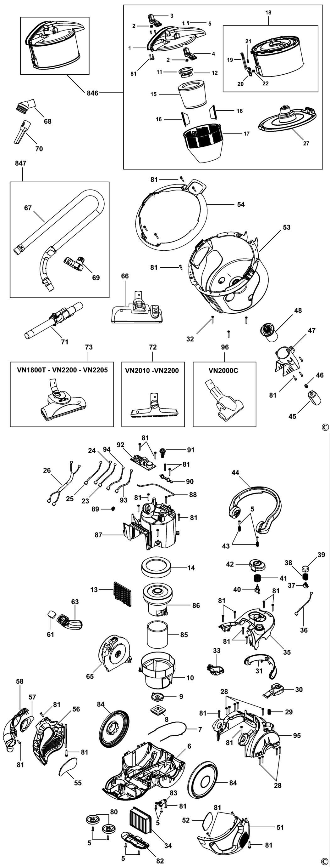 Black & Decker VN2000 Type 1 Vacuum Cleaner Spare Parts