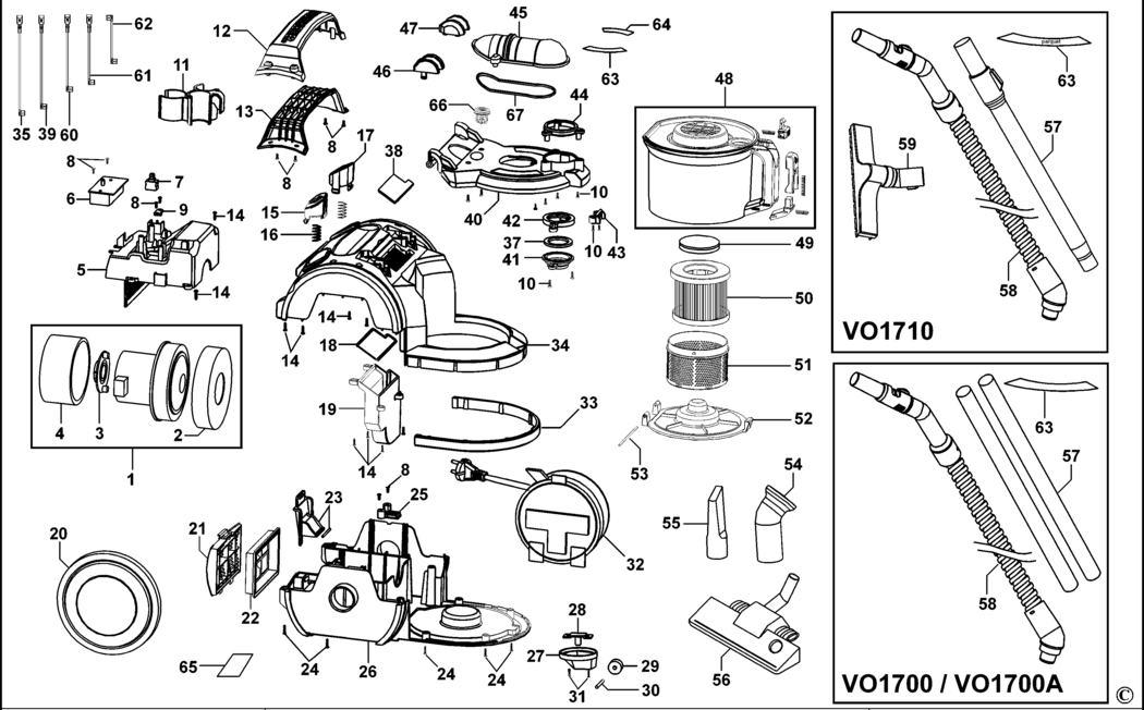 Black & Decker VO1700 Type 2 Vacuum Cleaner Spare Parts