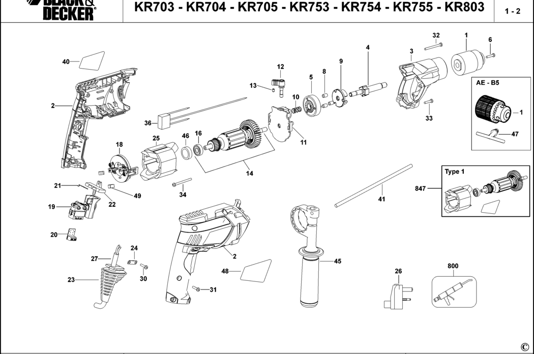 Black & Decker KR753 Type 2 Hammer Drill Spare Parts