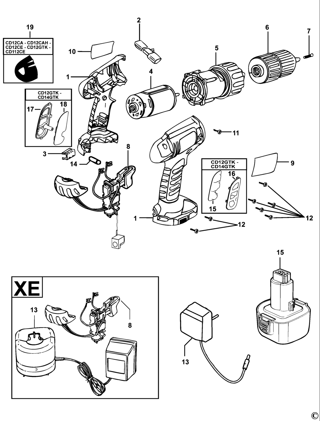 Black & Decker CD12LBK Type 1 Cordless Drill Spare Parts