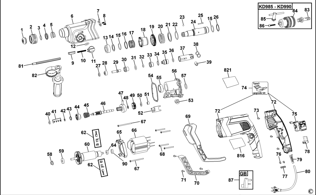 Black & Decker KD985 Type 1 Rotary Hammer Spare Parts