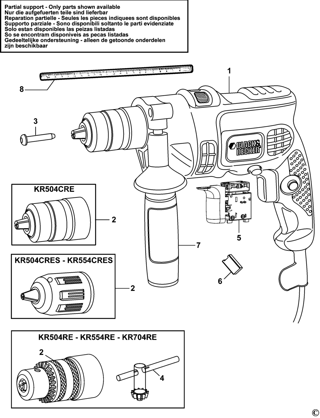 Black & Decker KR504RE Type 1 Hammer Drill Spare Parts