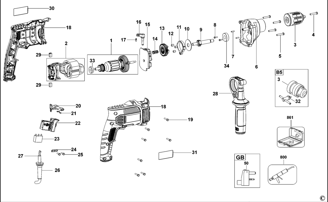 Black & Decker KR1001 Type 1 Hammer Drill Spare Parts