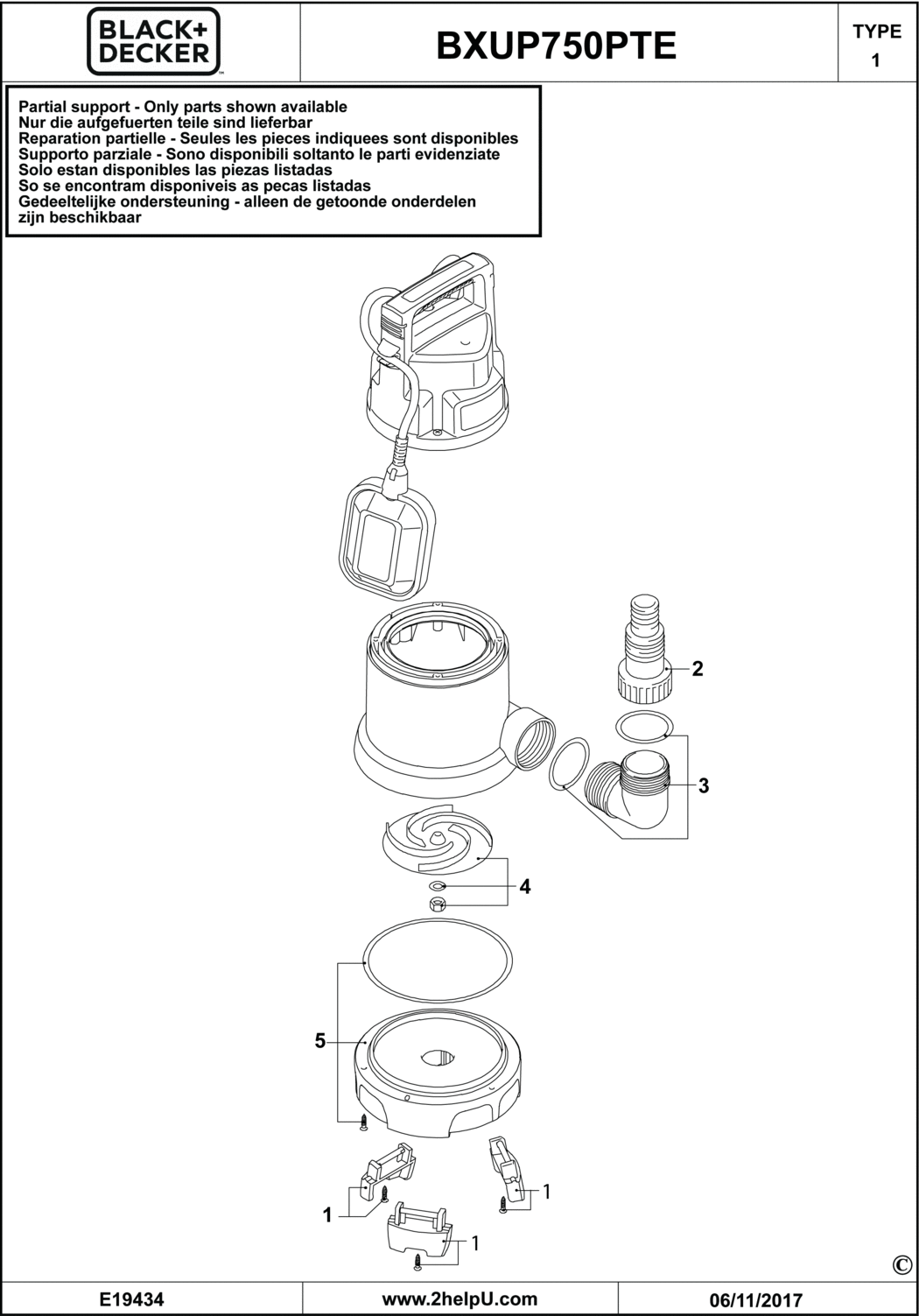 Black & Decker BXUP750PTE Type 1 Pump Spare Parts