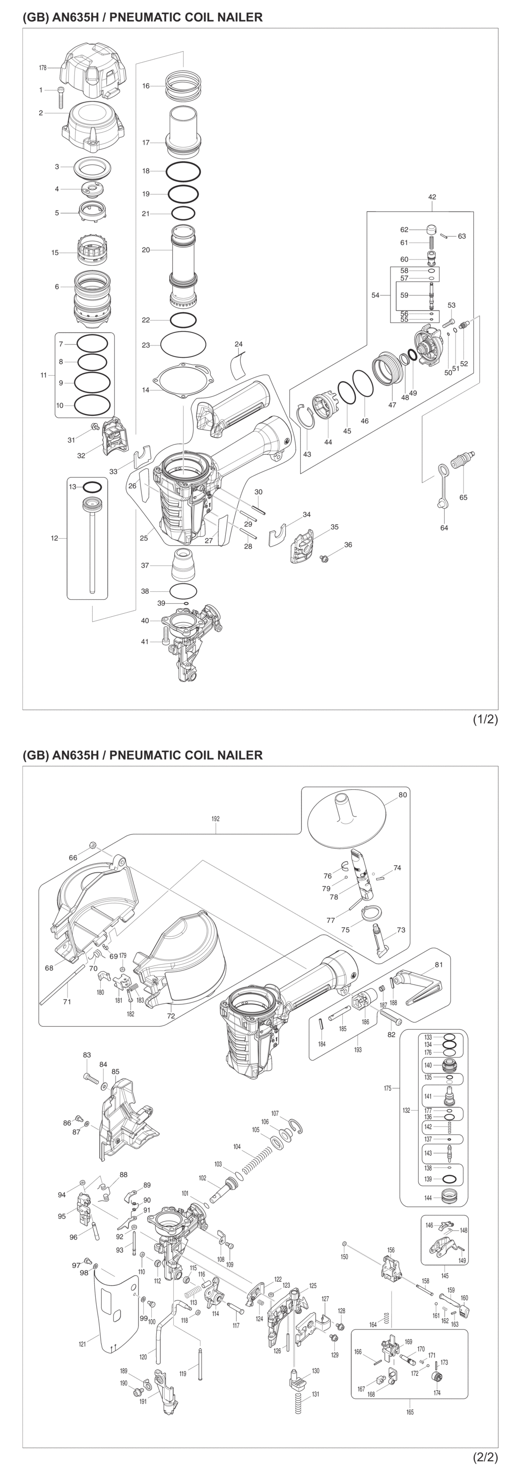 Makita AN635H Pneumatic Coil Nailer Spare Parts