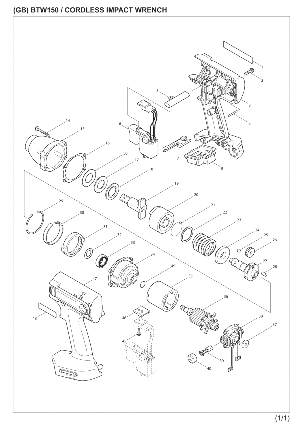 Makita BTW150RA Cordless Impact Wrench Spare Parts