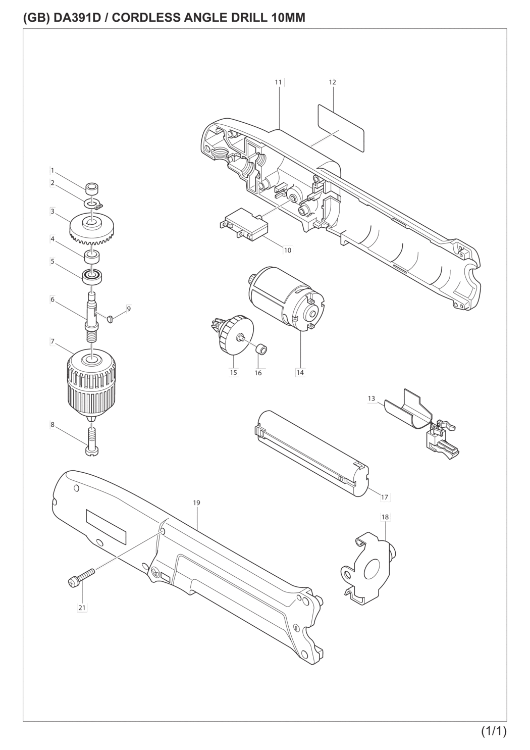 Makita DA391DWB Cordless Angle Drill Spare Parts