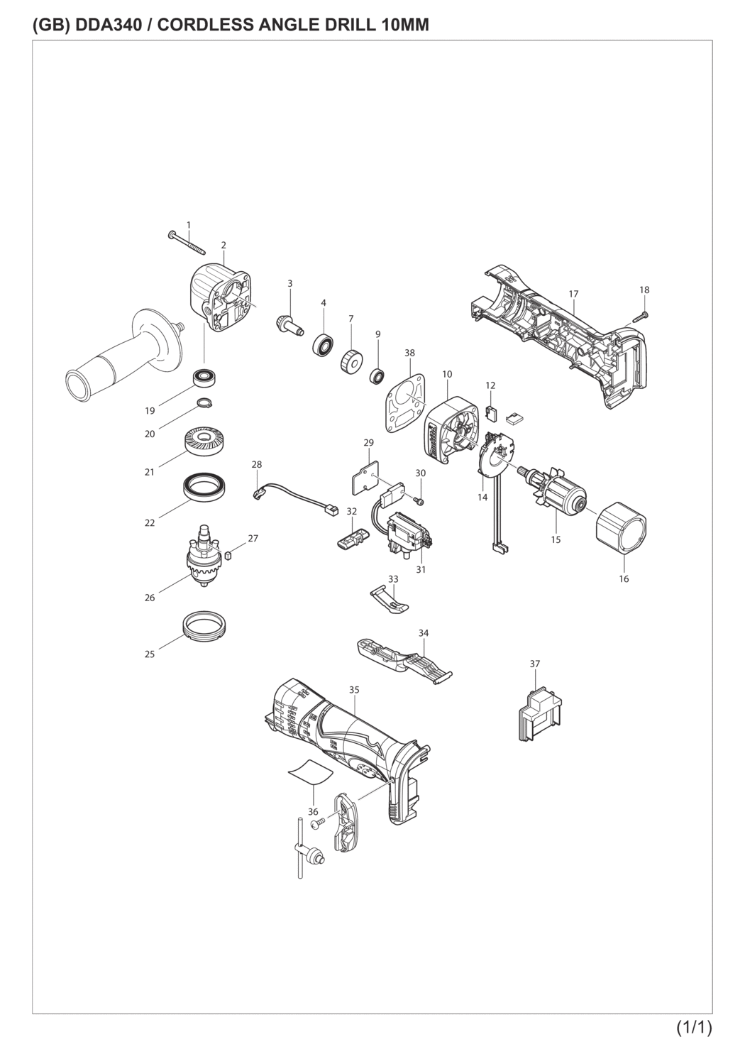 Makita DDA340RFE Cordless Angle Drill Spare Parts