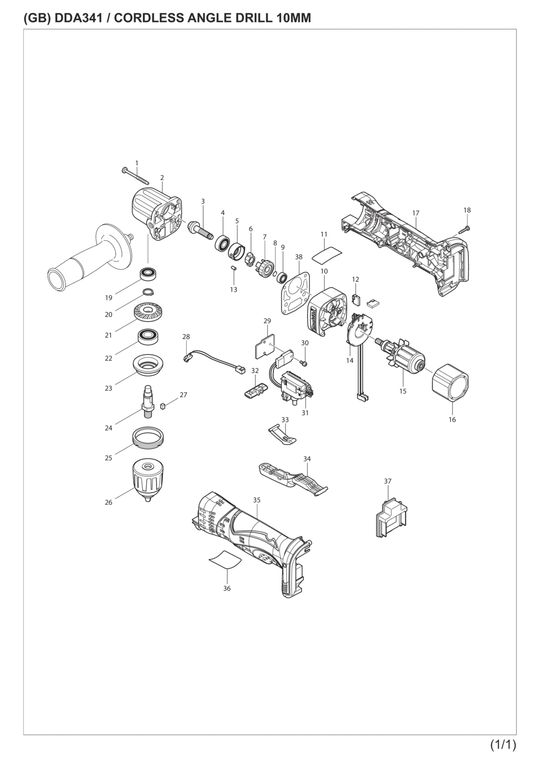 Makita DDA341RFE Cordless Angle Drill Spare Parts