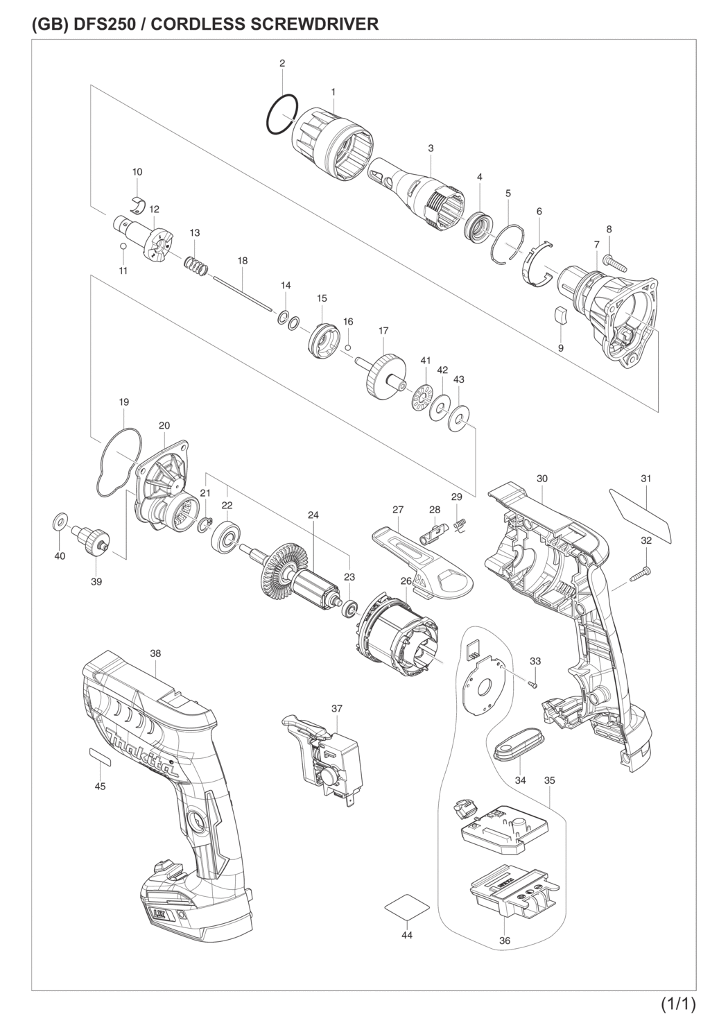 Makita DFS250RTJ Cordless Screwdriver Spare Parts