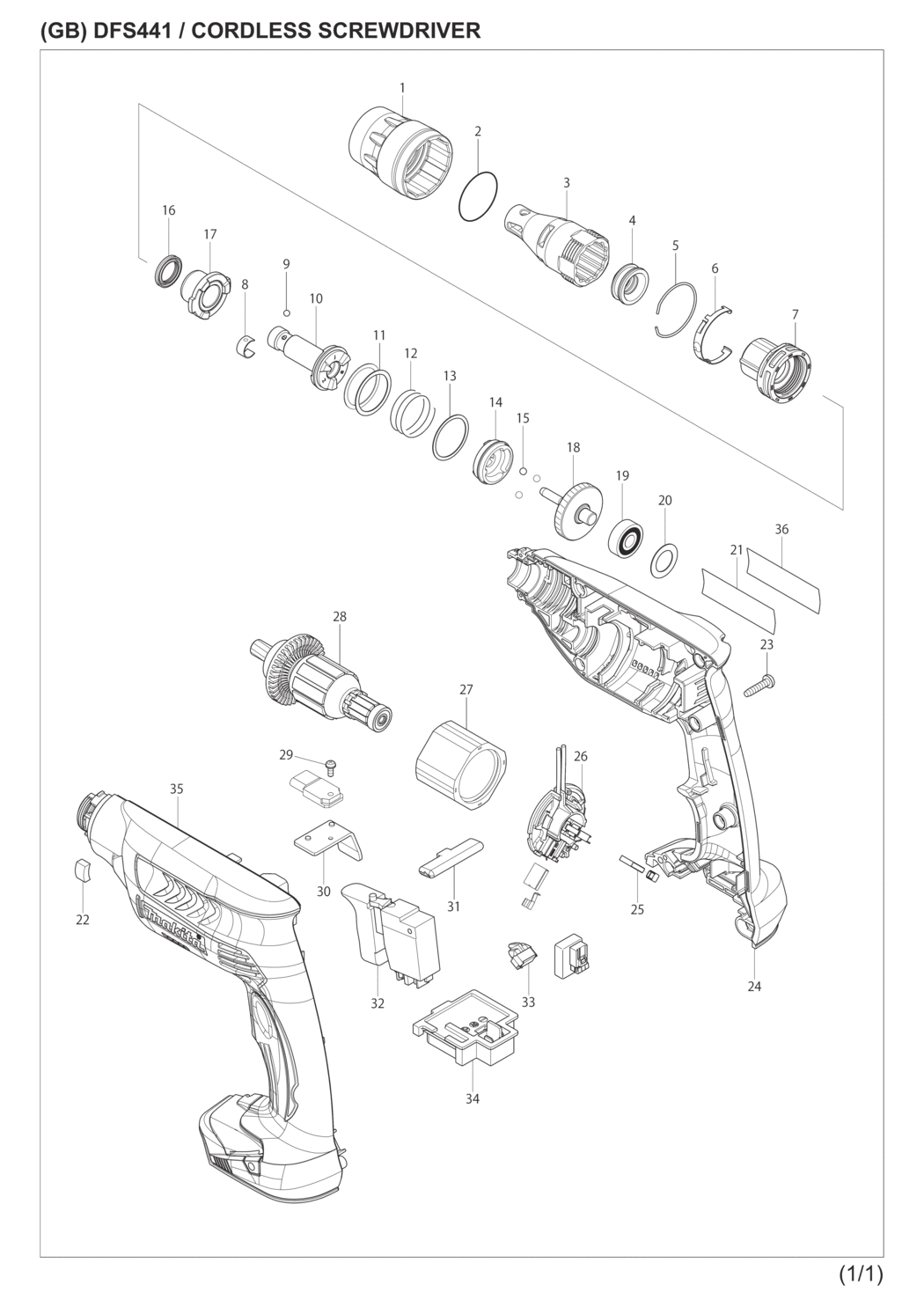 Makita DFS441RFE Cordless Screwdriver Spare Parts