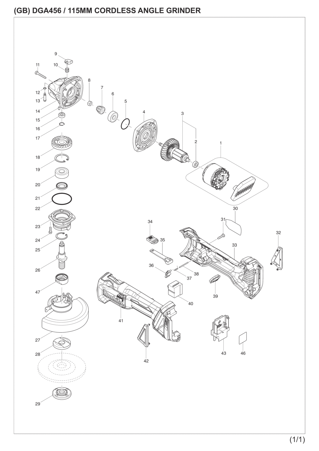 Makita DGA456RTJ Cordless Angle Grinder Spare Parts