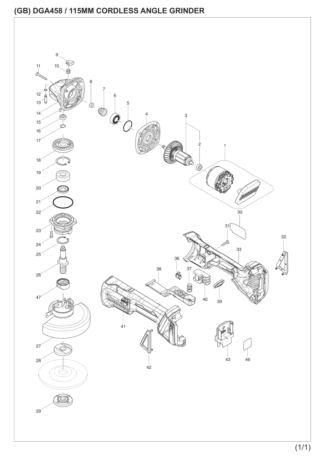 Makita DGA458RTJ Cordless Angle Grinder Spare Parts