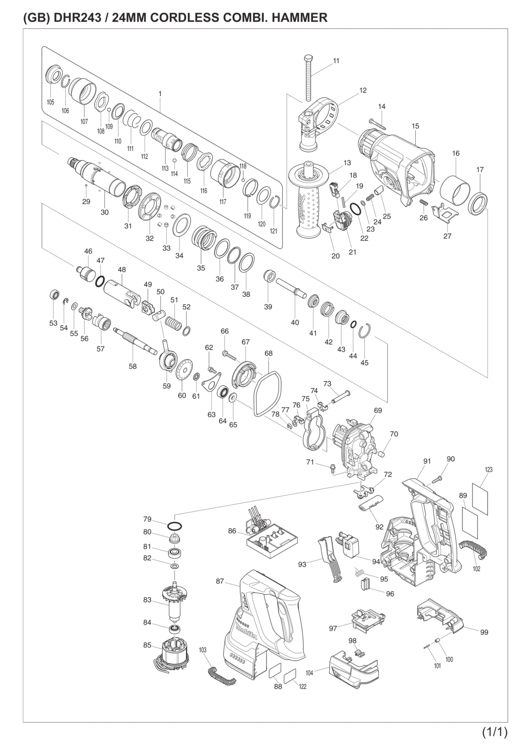 Makita DHR243RFEV Cordless Combination Hammer Spare Parts