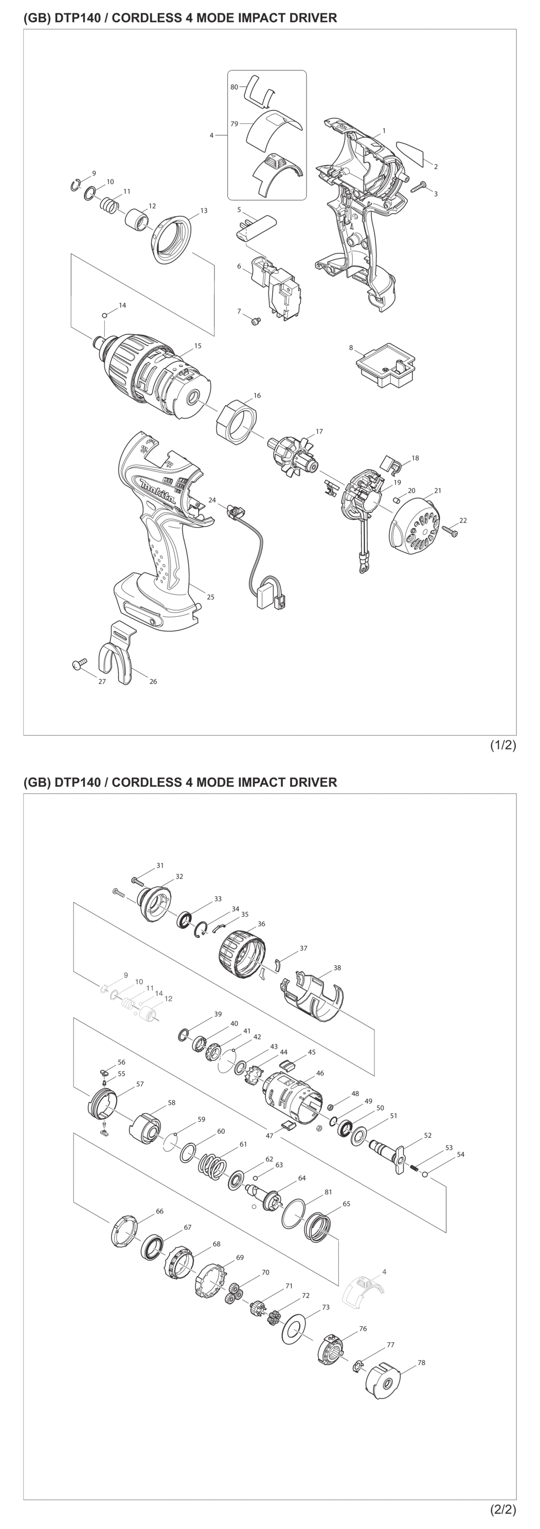 Makita DTP140RFE Cordless 4 Mode Impact Driver Spare Parts