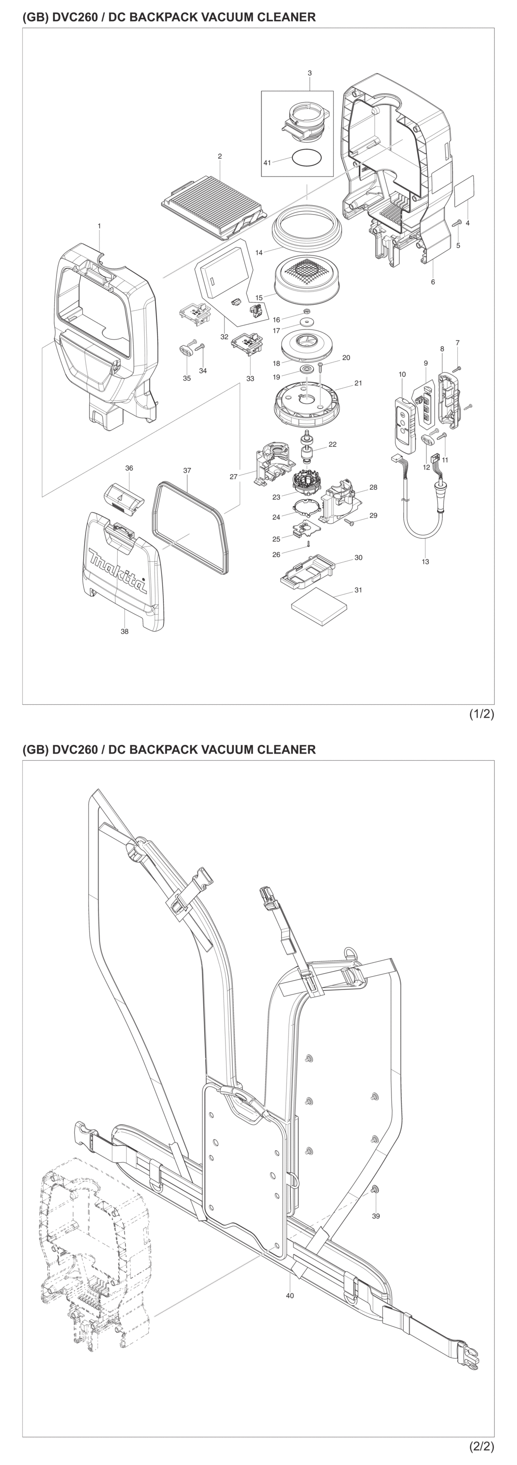 Makita DVC260Z Cordless Backpack Vacuum Cleaner Spare Parts