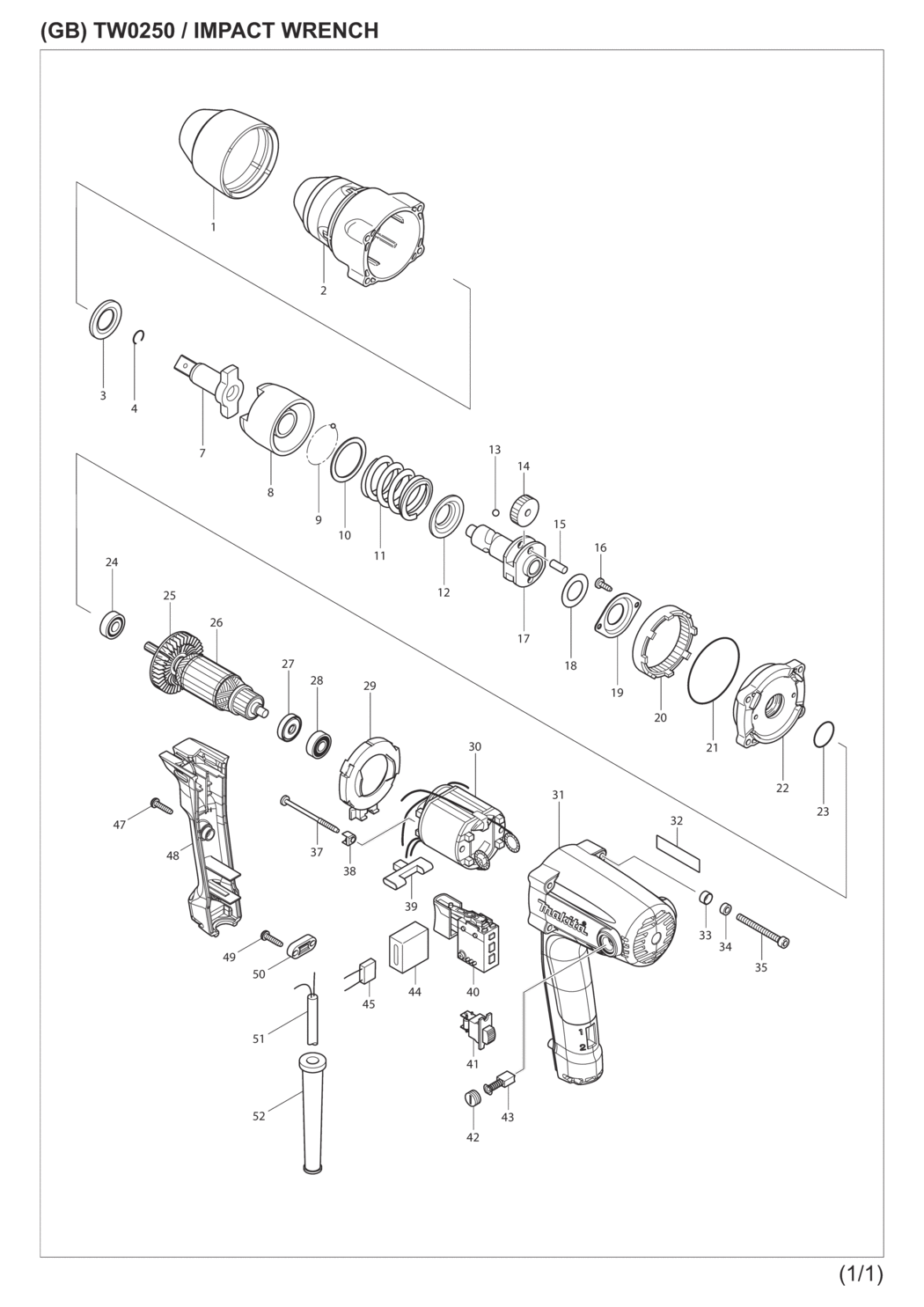 Makita TW0250 Impact Wrench Spare Parts