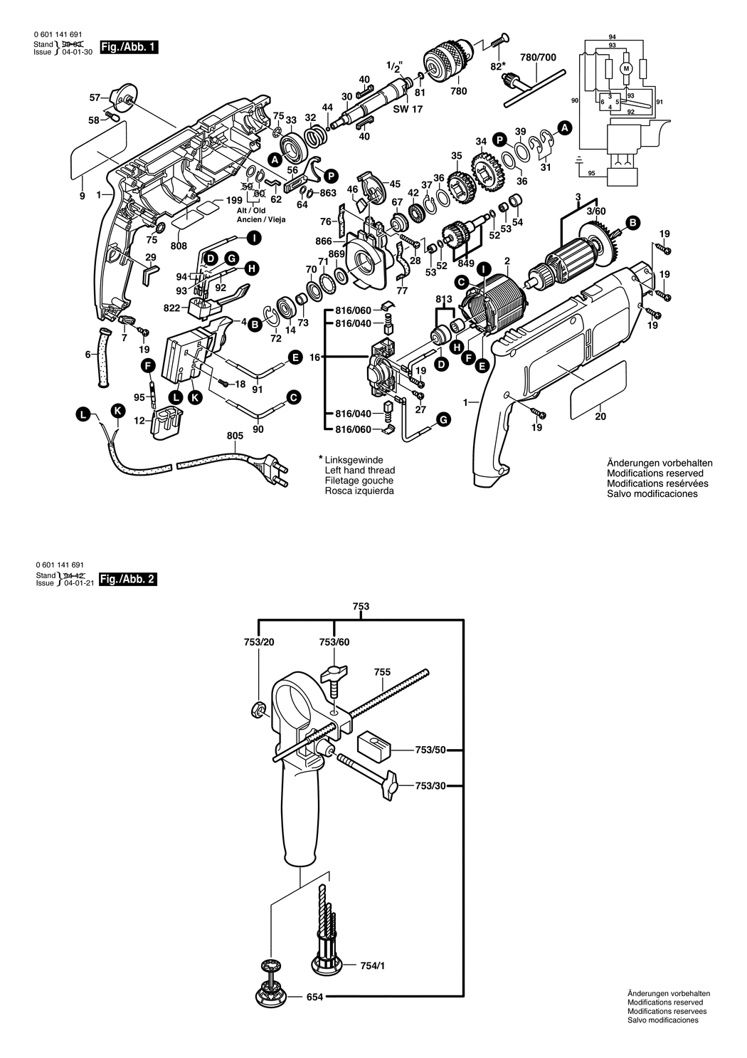 Bosch GSB 2-600 RE / 0601141691 / EU 230 Volt Spare Parts