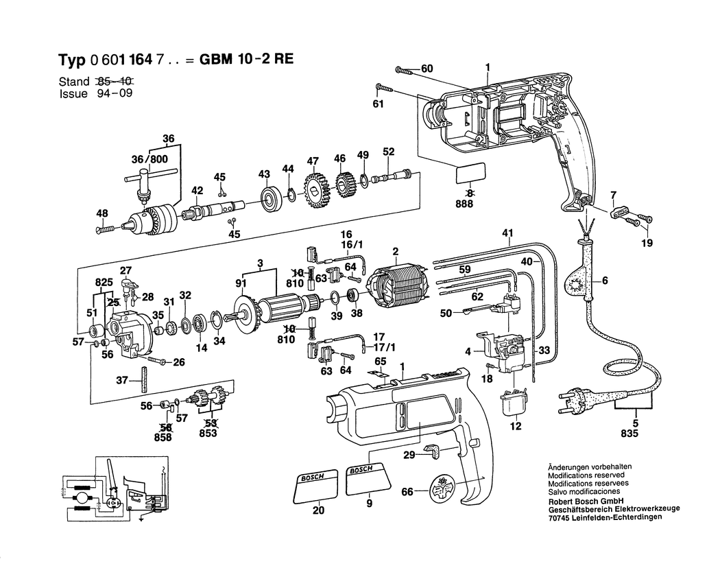 Bosch GBM 10-2 RE / 0601164747 / F 110 Volt Spare Parts