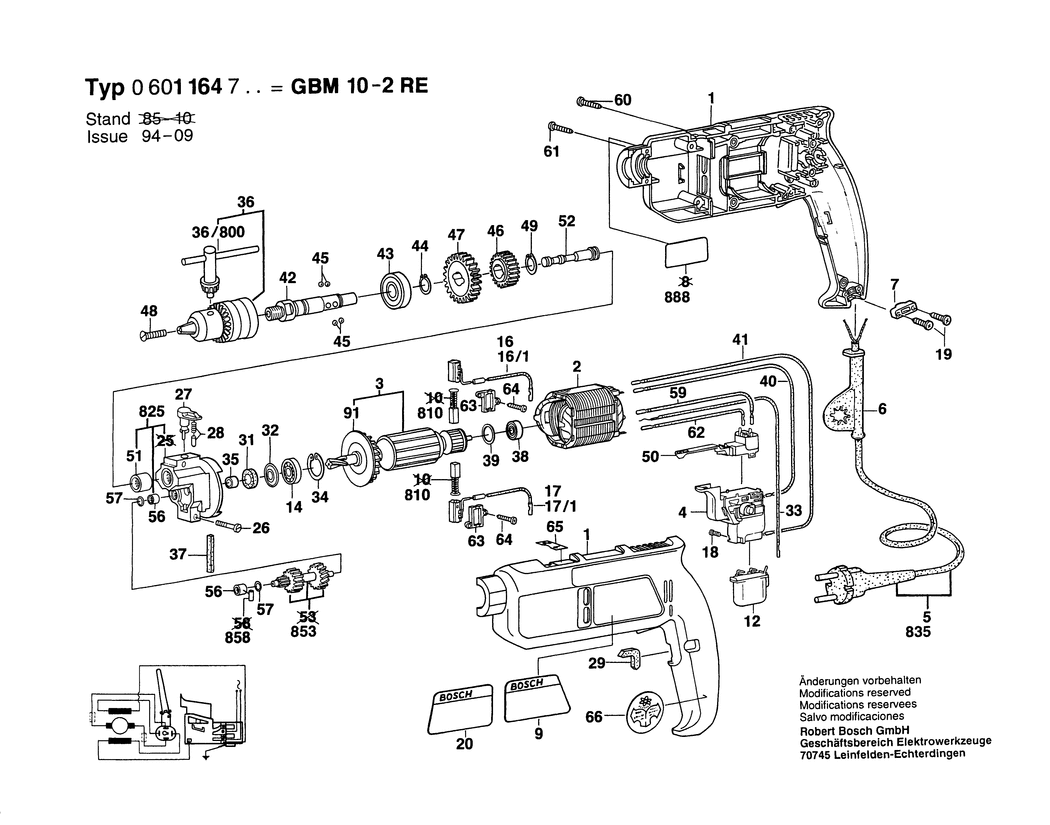 Bosch GBM 10-2 RE / 0601164750 / I 220 Volt Spare Parts