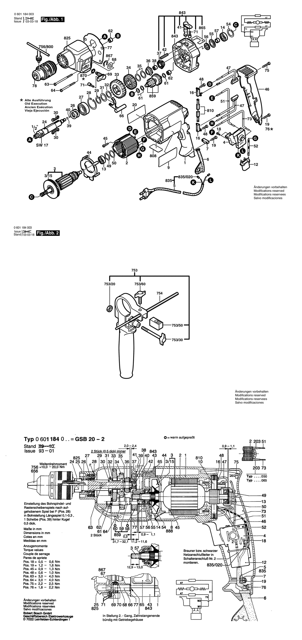 Bosch GSB 20-2 / 0601184050 / I 230 Volt Spare Parts