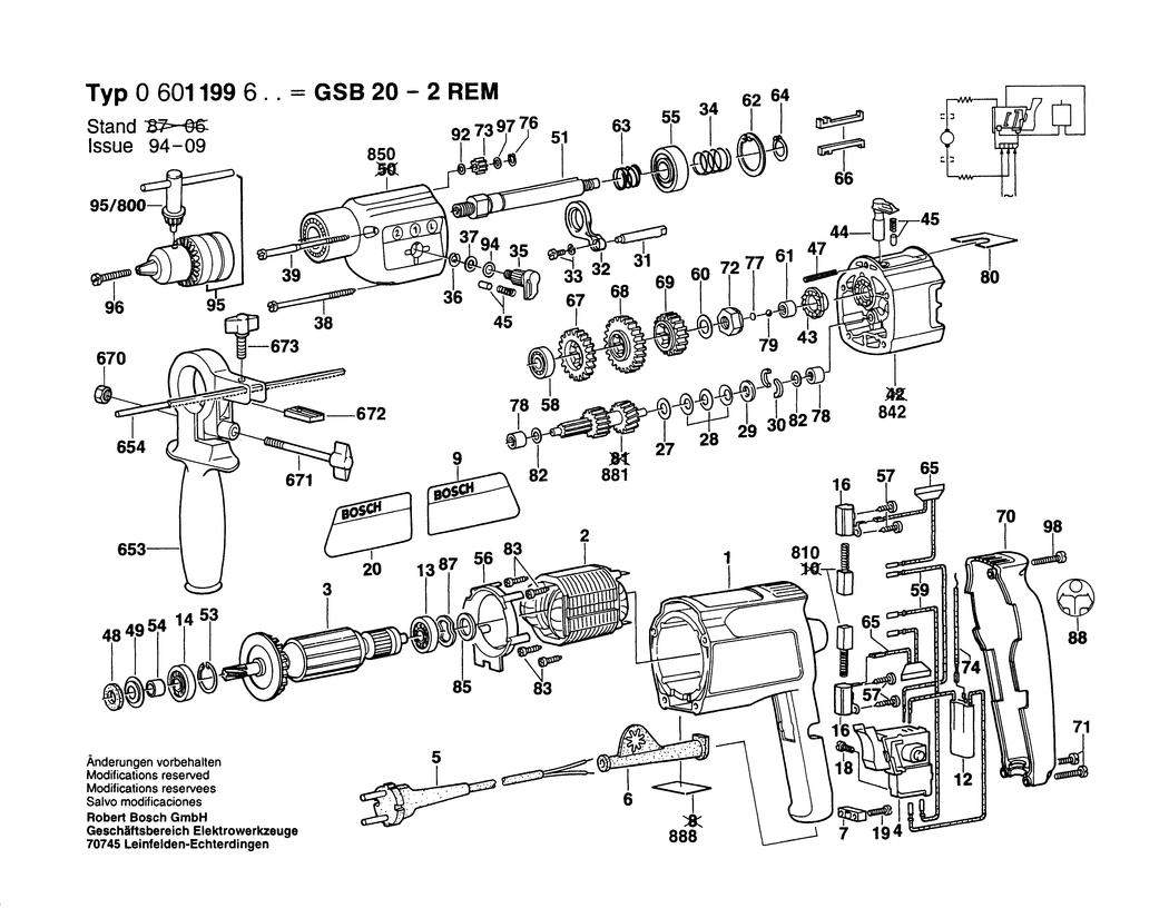 Bosch GSB 20-2 REM / 0601199603 / EU 220 Volt Spare Parts