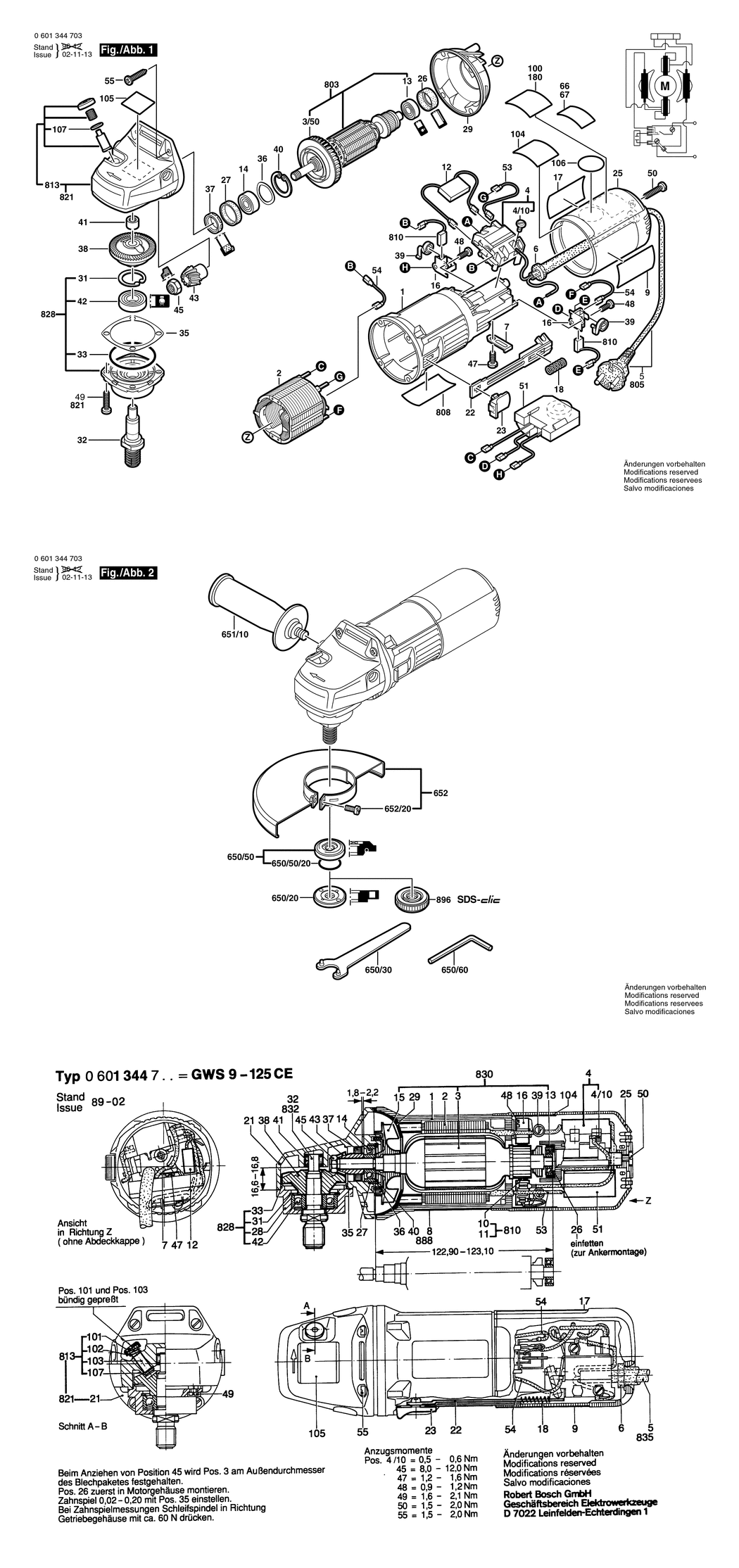 Bosch GWS 9-125 CE / 0601344703 / EU 230 Volt Spare Parts