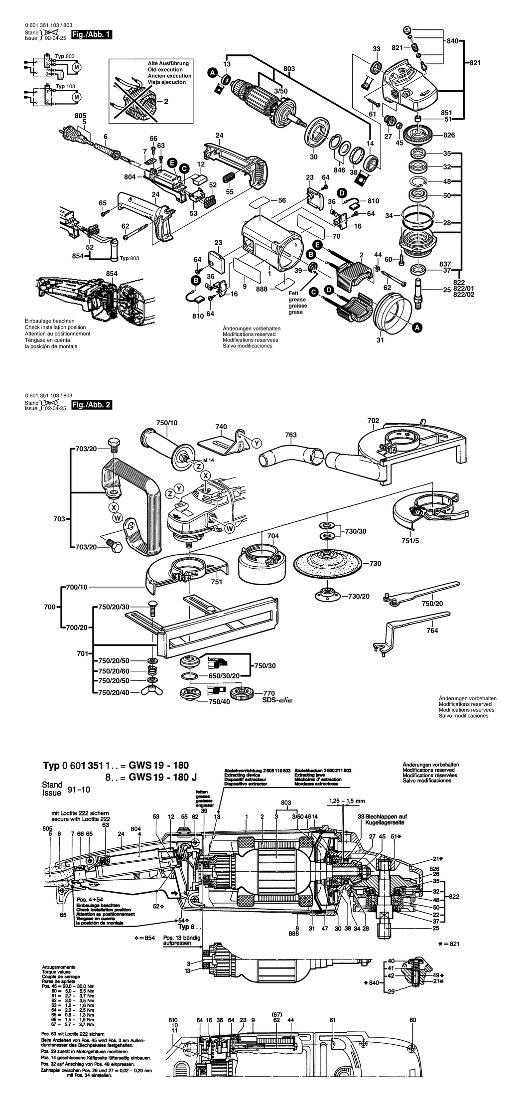 Bosch GWS 19-180 / 0601351103 / EU 230 Volt Spare Parts