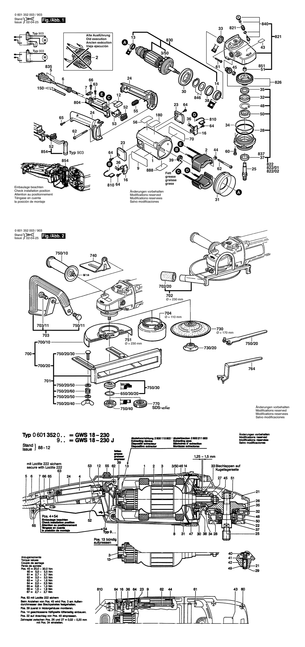 Bosch GWS 18-230 / 0601352003 / EU 220 Volt Spare Parts