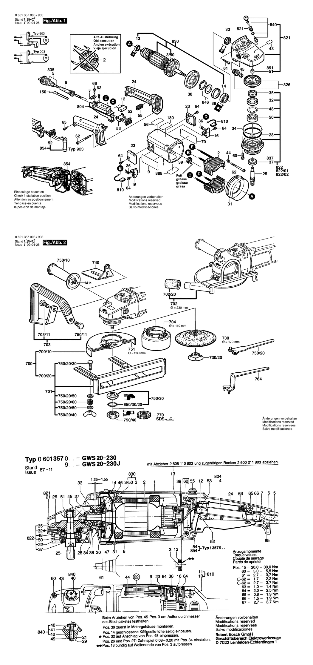 Bosch GWS 20-230 / 0601357003 / EU 220 Volt Spare Parts