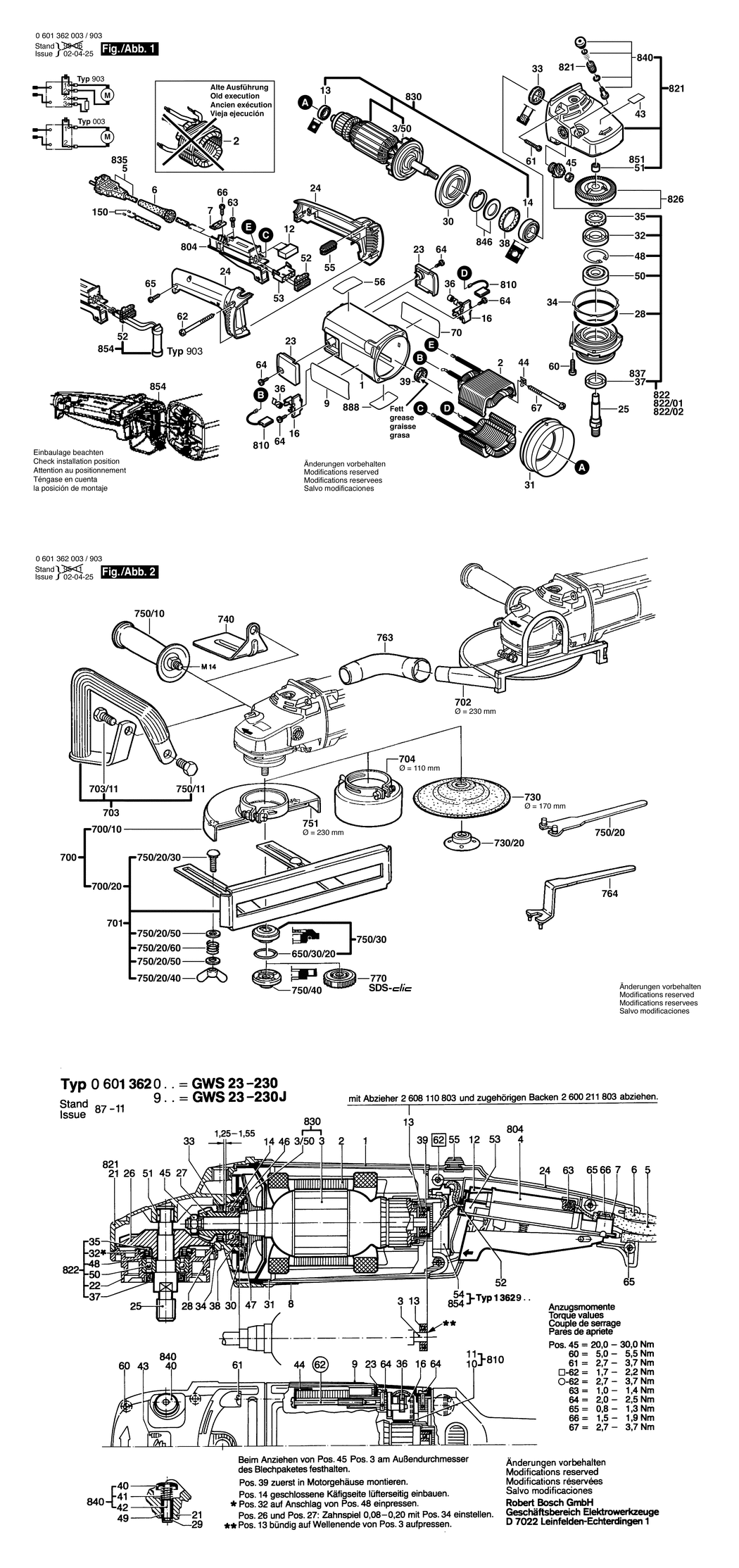 Bosch GWS 23-230 / 0601362003 / EU 230 Volt Spare Parts