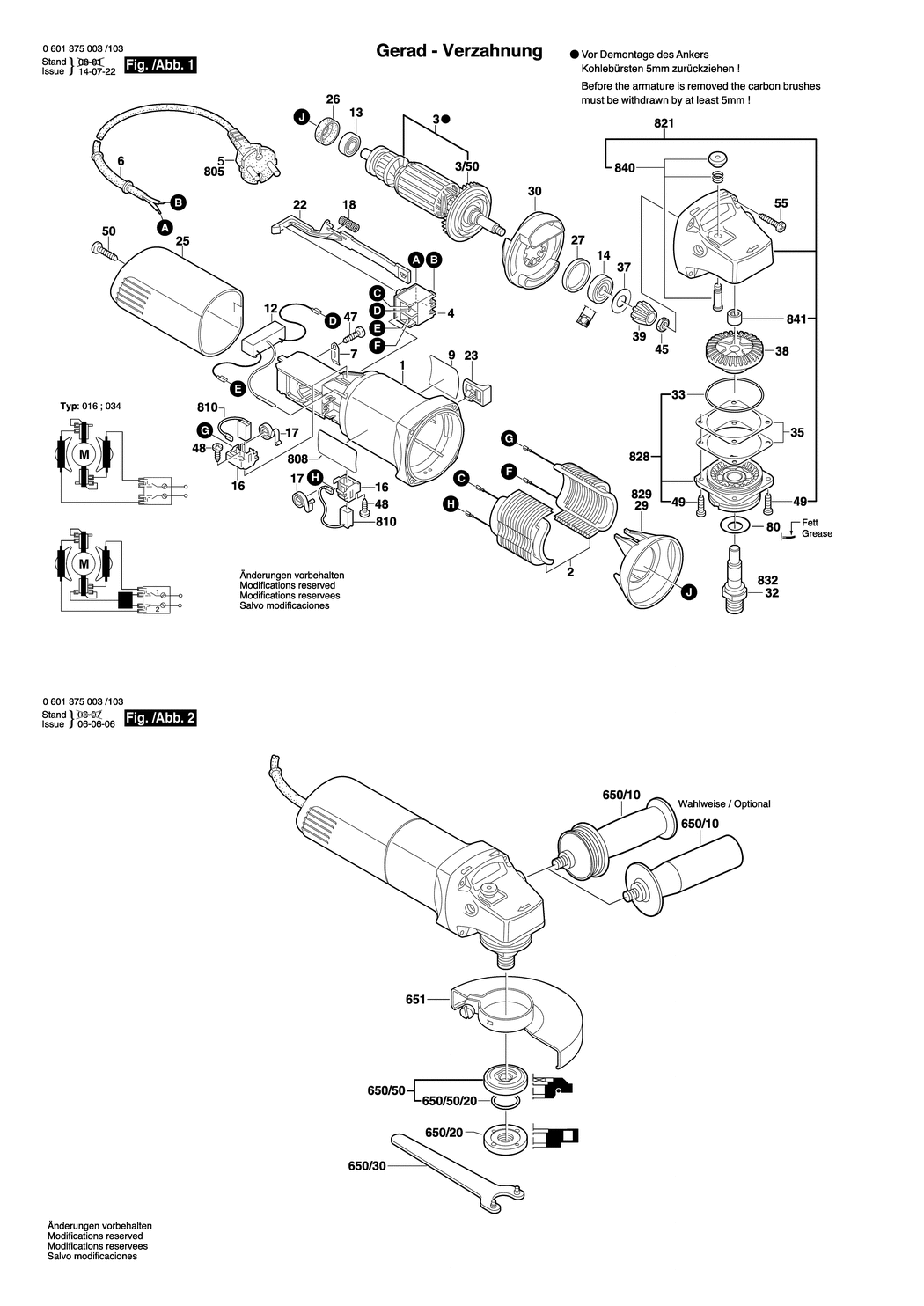 Bosch GWS 6-115 / 0601375032 / CH 230 Volt Spare Parts