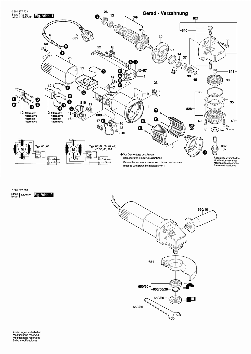 Bosch GWS 850 C / 0601377703 / EU 230 Volt Spare Parts