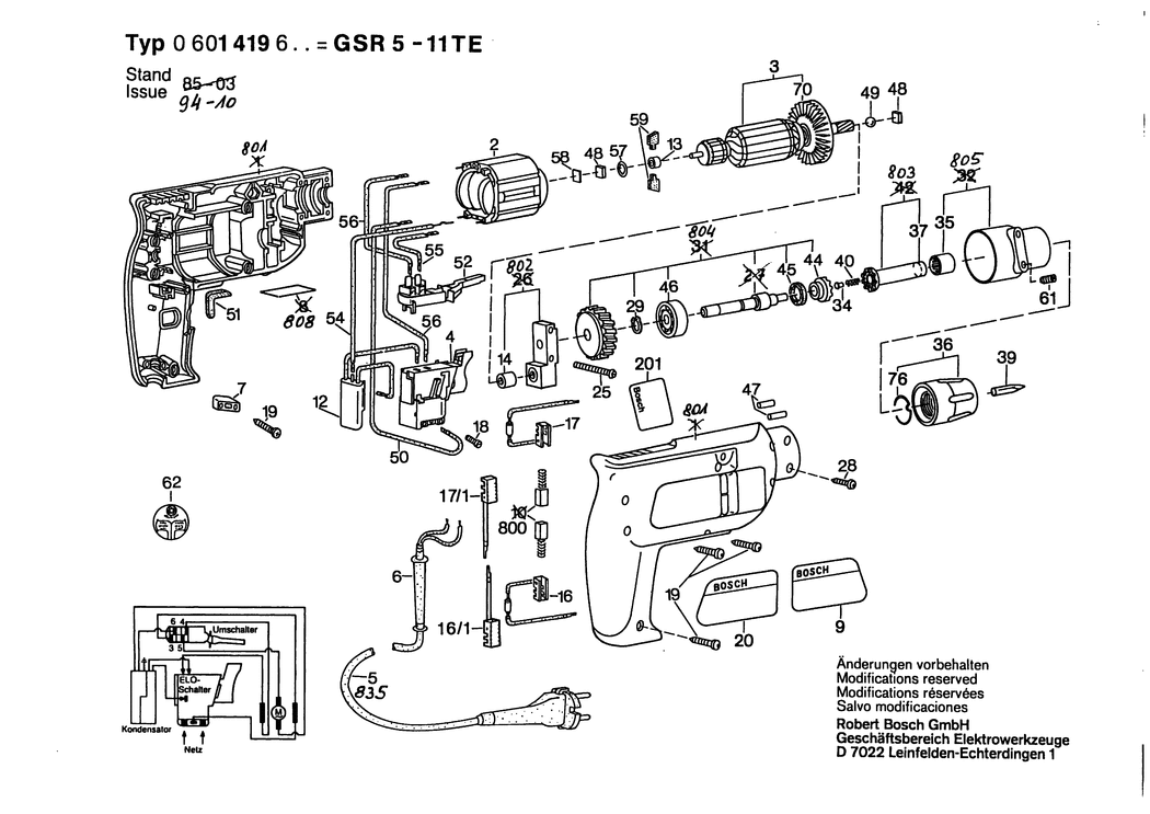 Bosch GSR 5-11 TE / 0601419632 / CH 220 Volt Spare Parts