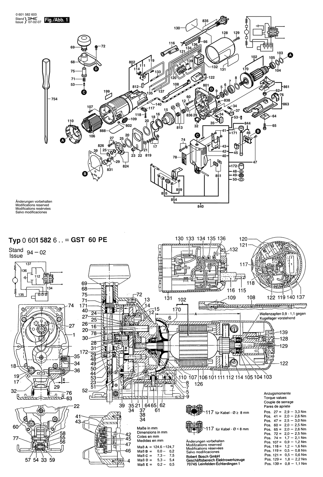 Bosch GST 60 PE / 0601582632 / CH 220 Volt Spare Parts