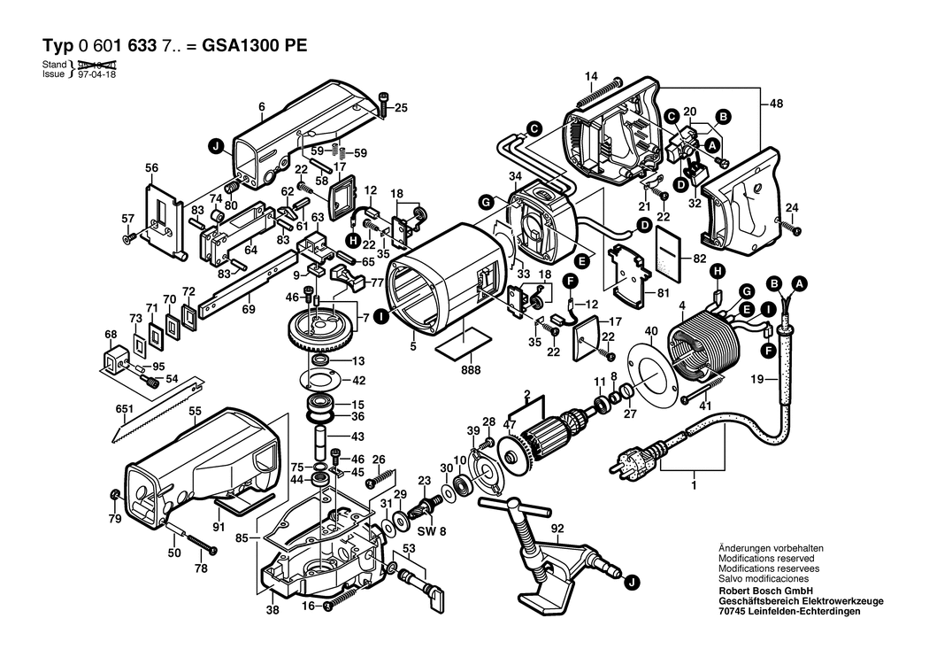 Bosch GSA 1300 PE / 0601633703 / EU 230 Volt Spare Parts