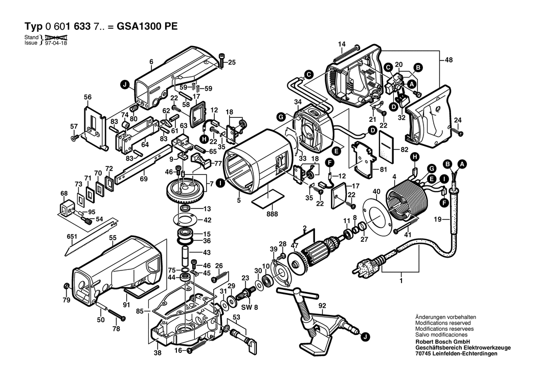 Bosch GSA 1300 PE / 0601633732 / CH 230 Volt Spare Parts