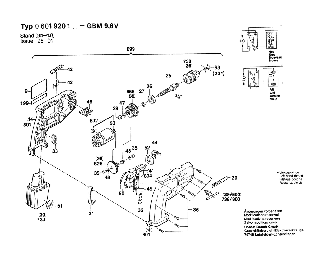 Bosch GBM 9.6 VRL / 0601920103 / EU 9.6 Volt Spare Parts