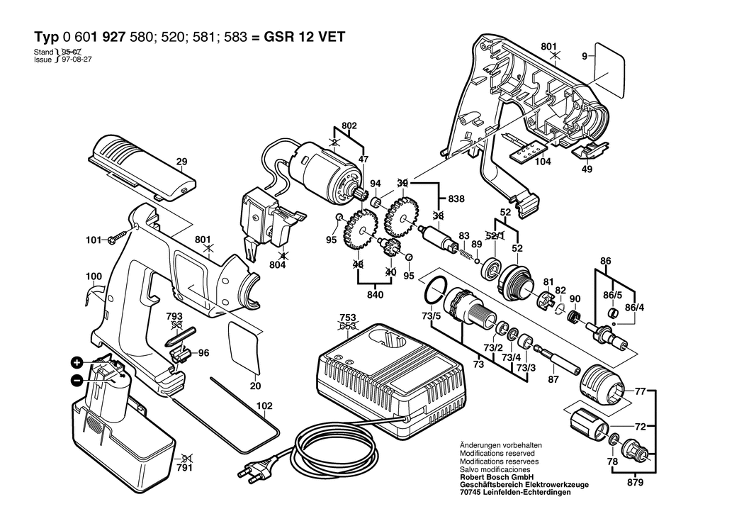 Bosch GSR 12 VET / 0601927580 / EU 12 Volt Spare Parts