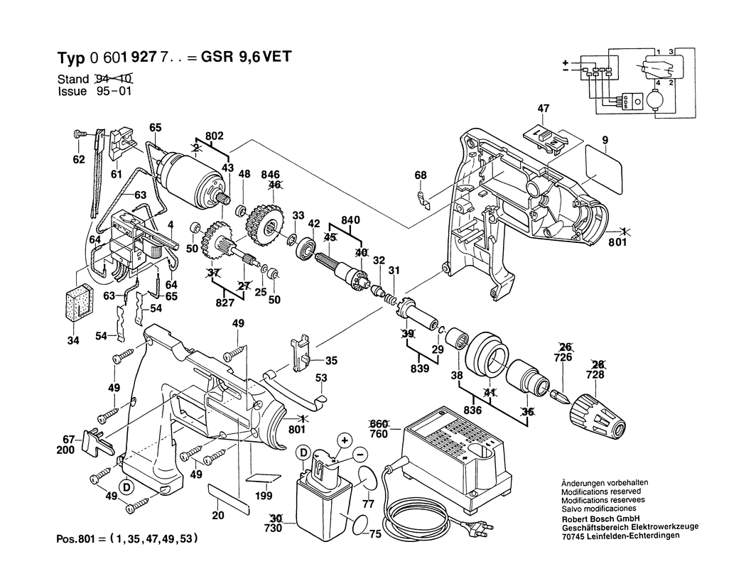 Bosch GSR 9.6 VET / 0601927703 / EU 9.6 Volt Spare Parts