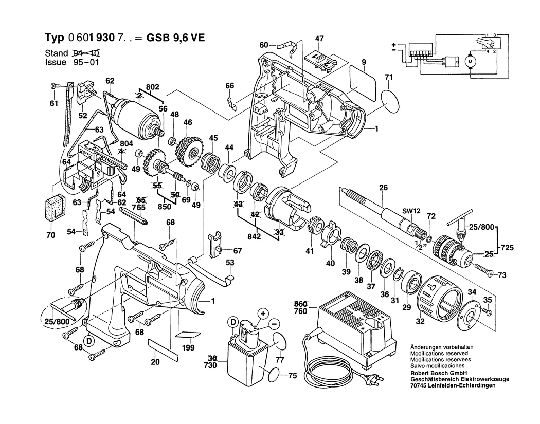 Bosch GSB 9.6 VE / 0601930727 / EU 9.6 Volt Spare Parts