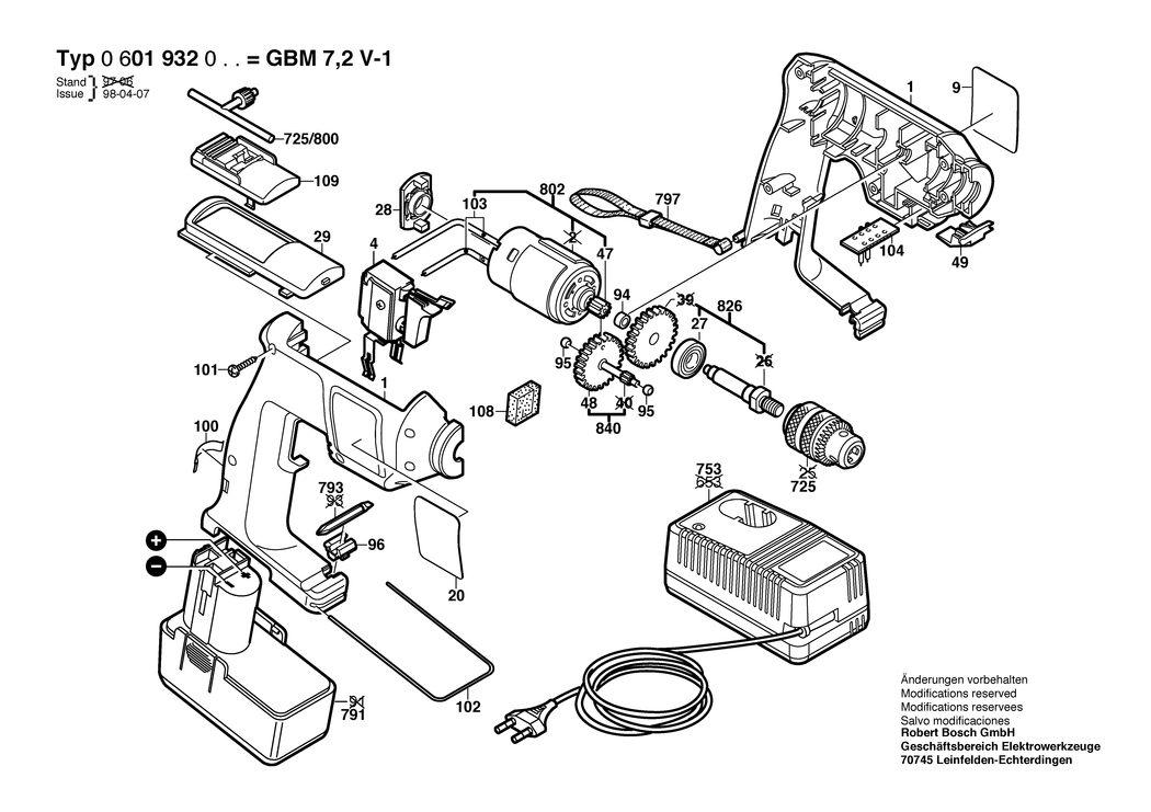 Bosch GBM 7.2 V-1 / 0601932060 / EU 7.2 Volt Spare Parts