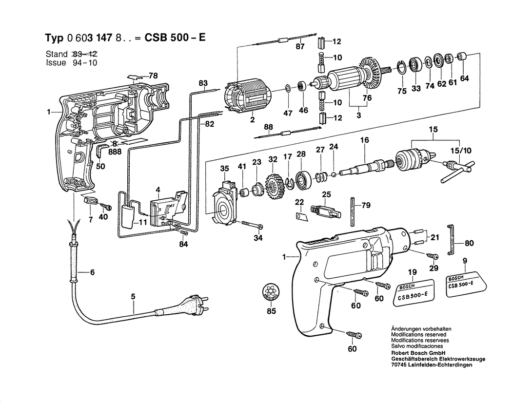 Bosch CSB 500-E / 0603147842 / GB 240 Volt Spare Parts