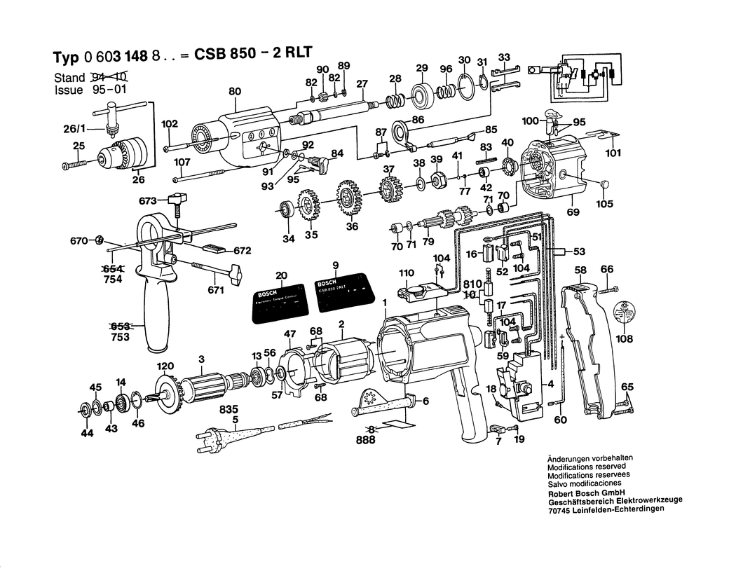Bosch CSB 850-2 RLT / 0603148832 / CH 220 Volt Spare Parts