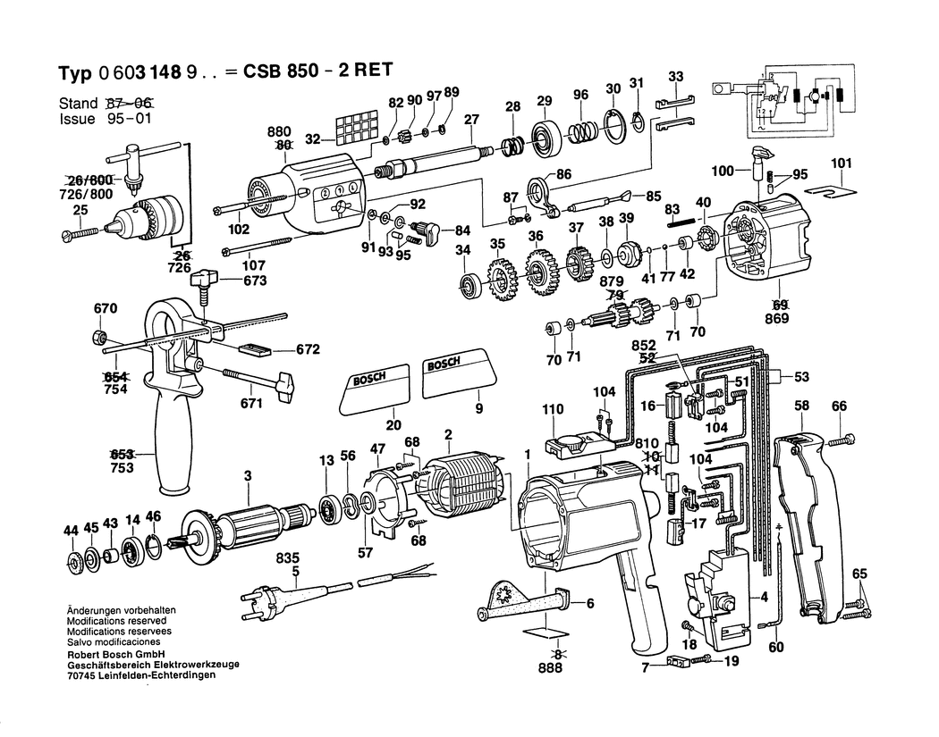 Bosch CSB 850-2 RET / 0603148932 / CH 220 Volt Spare Parts