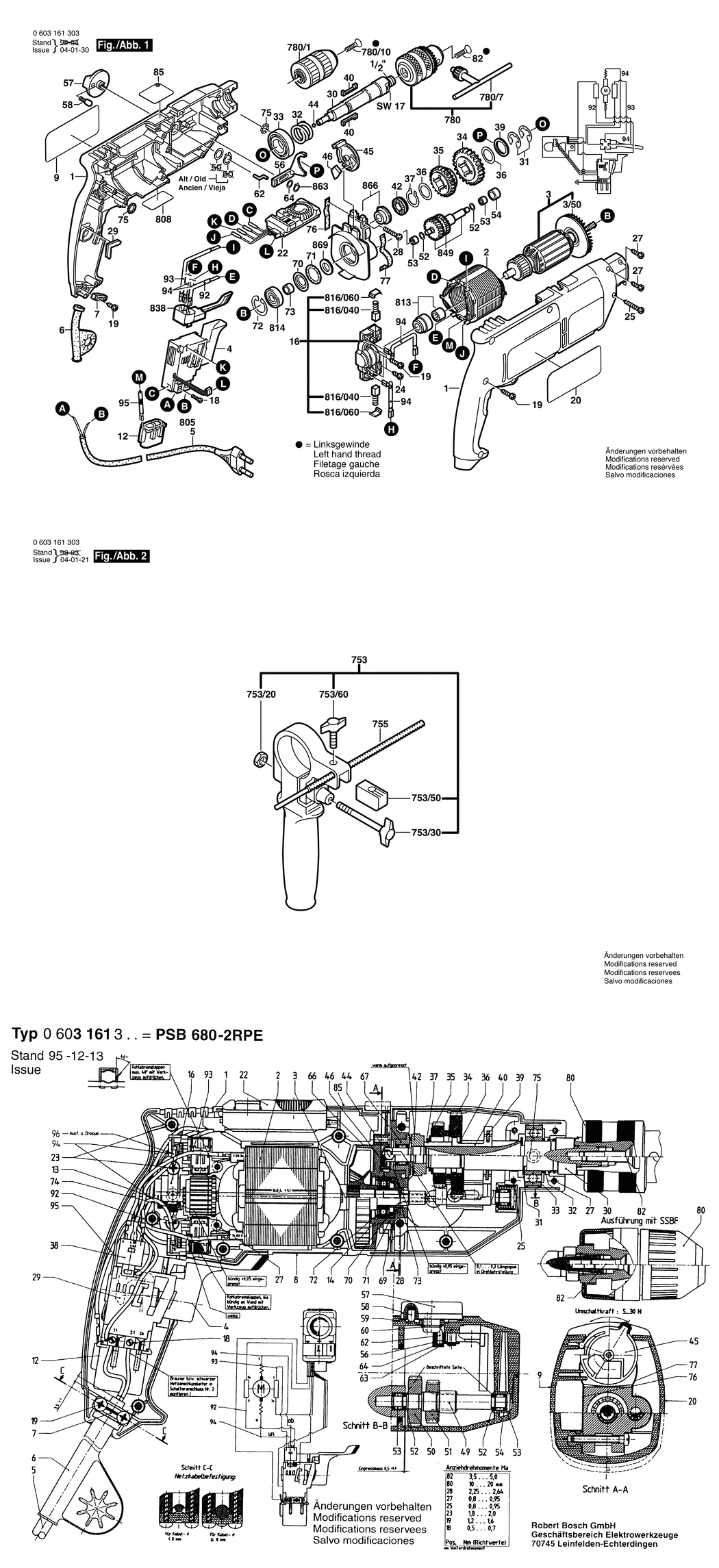 Bosch PSB 680-2 RPE / 0603161303 / EU 230 Volt Spare Parts